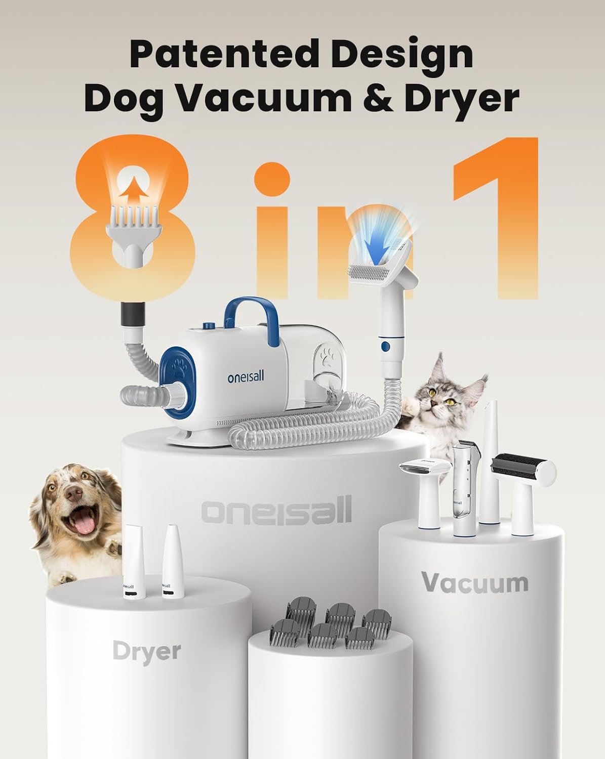 oneisall Dog Grooming Vacuum, 15000Pa Pet Vacuum Kit Shedding 99% Pet Hair, Dog Grooming Clippers with Trimmer Nail Grinder, ≤ 59dB Quiet Brush with 6 Tools, 2L Canister for Home Cleaning,Cozy SE 2