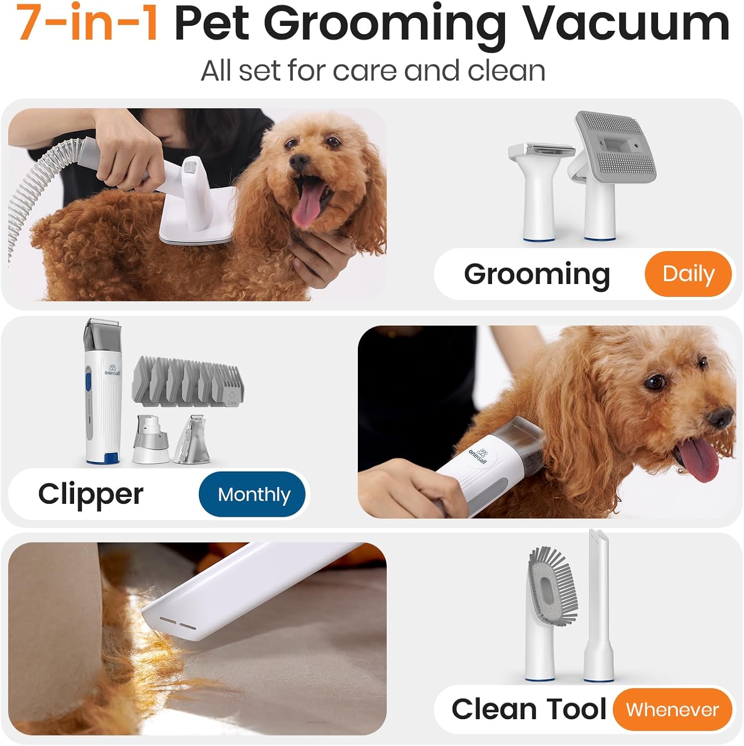 oneisall Dog Grooming Vacuum, 15000Pa Pet Vacuum Kit Shedding 99% Pet Hair, Dog Grooming Clippers with Trimmer Nail Grinder, ≤ 59dB Quiet Brush with 6 Tools, 2L Canister for Home Cleaning,Cozy SE 2