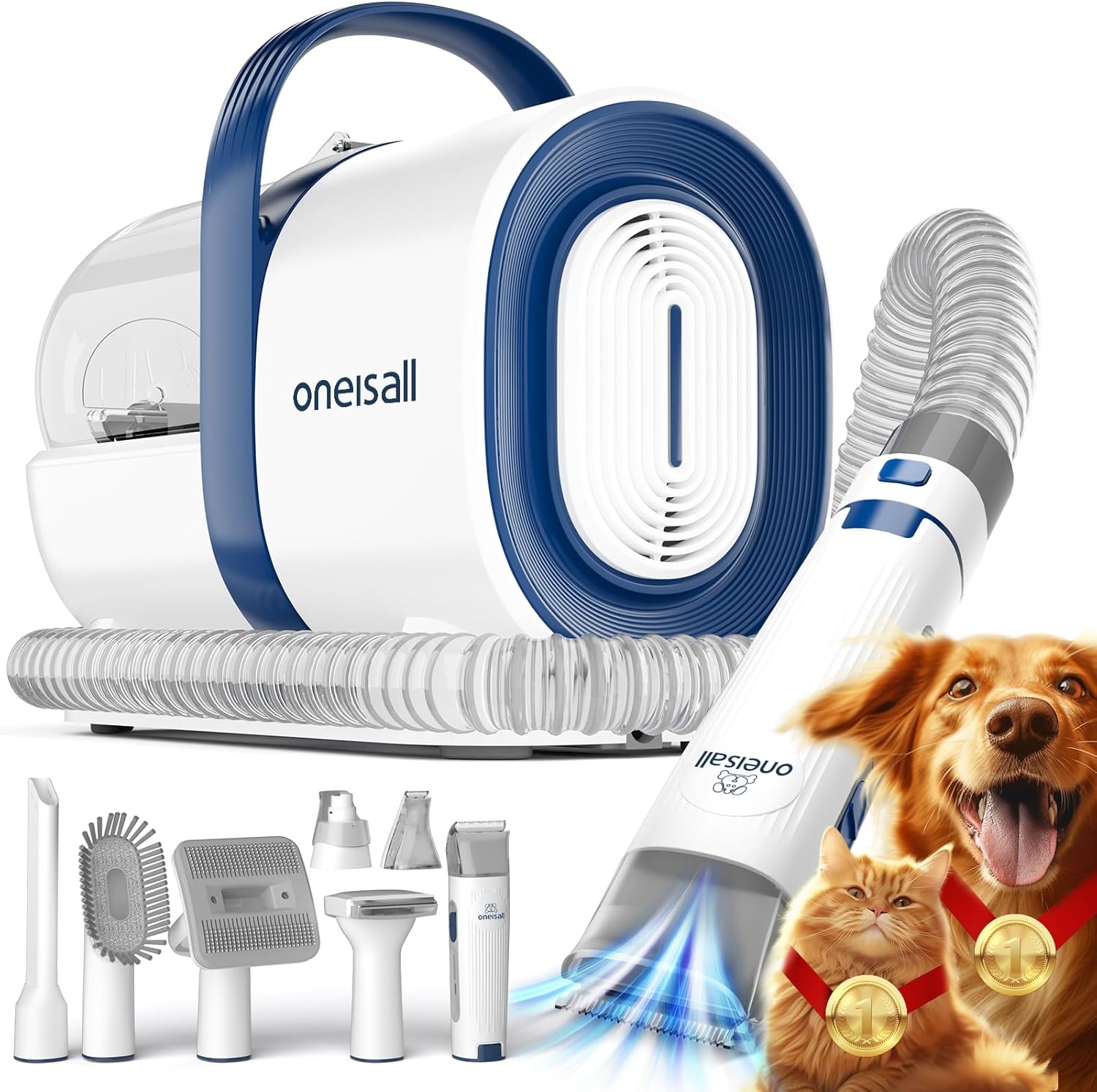 oneisall Dog Grooming Vacuum, Pet Grooming Vacuum with Clipper Nail Grinder, 1.5L Dust Cup Dog deshedding Brush with 7 Tools for Shedding Pet Hair, Home Cleaning(Blue)